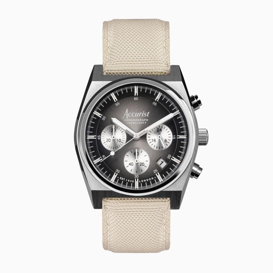 accurist Accurist Origin Men's Chronograph Watch | Gunmetal case & Cream Canvas Strap with Black Dial | 41mm