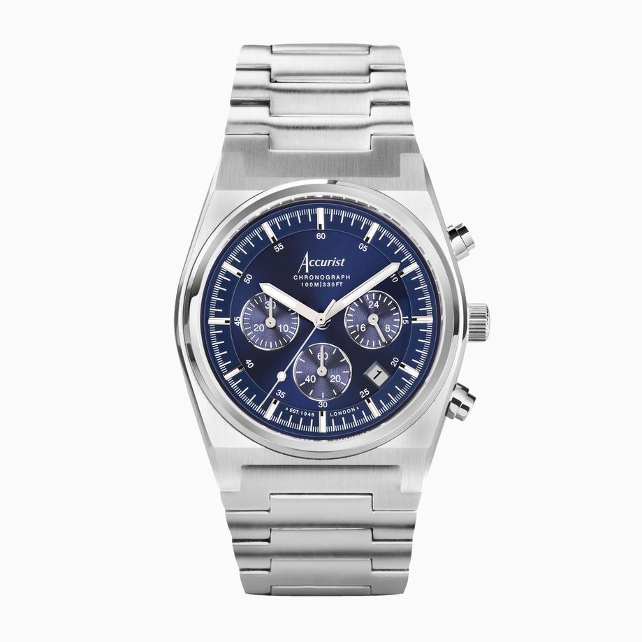 accurist Accurist Origin Men's Chronograph Watch | Silver Case & Stainless Steel Bracelet with Royal Blue Dial | 41mm