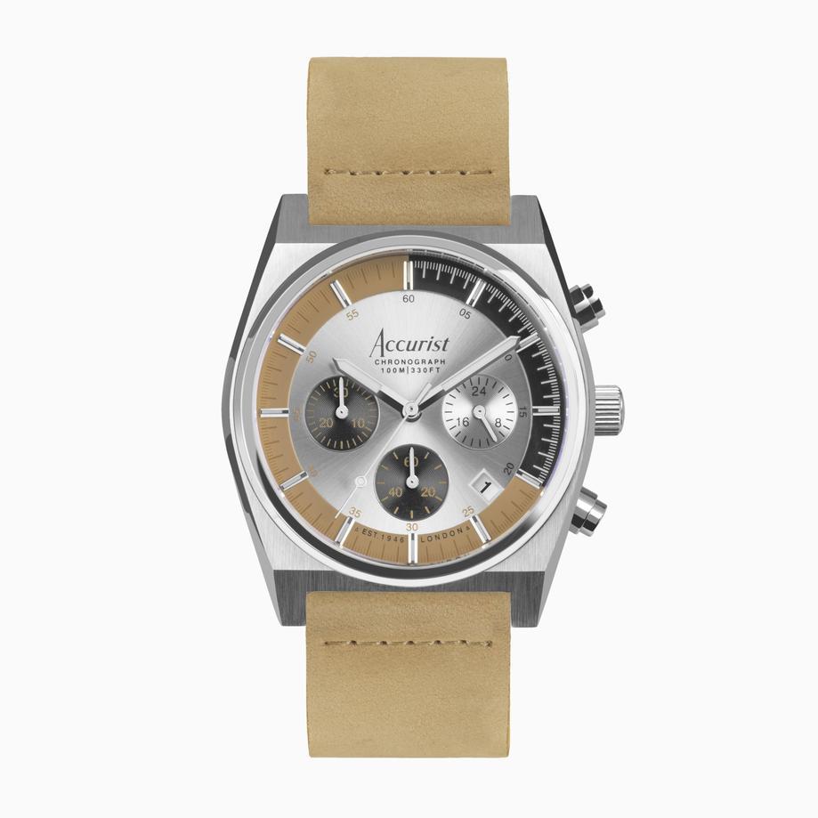 accurist Accurist Origin Men's Chronograph Watch | Silver Case & Tan Leather Strap with Silver Dial | 41mm