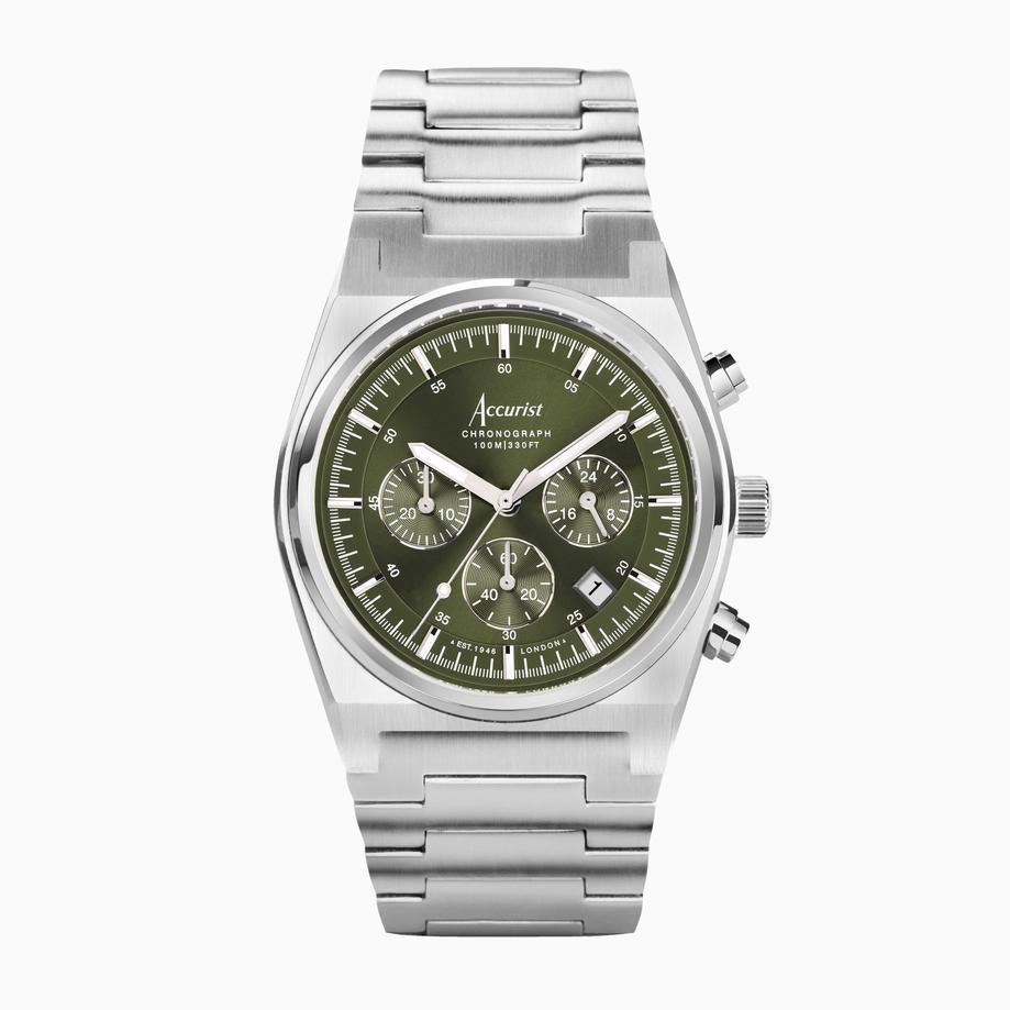 accurist Accurist Origin Men's Chronograph Watch | Silver Case & Stainless Steel Bracelet with Moss Green Dial | 41mm