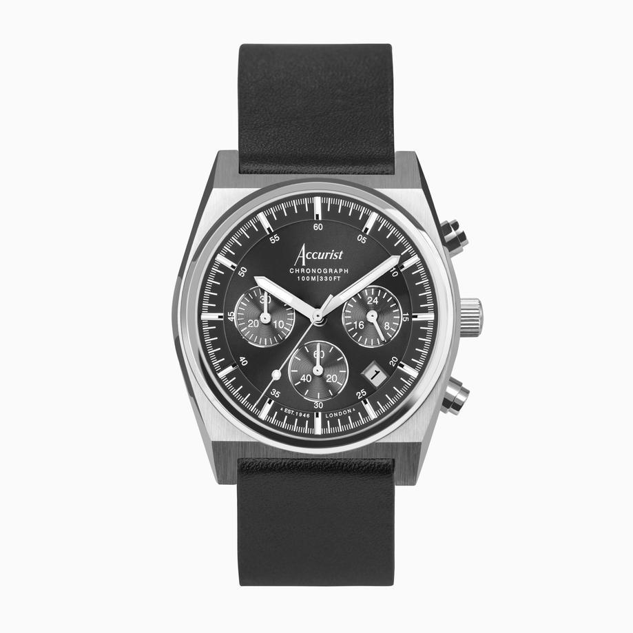 accurist Accurist Origin Men's Chronograph Watch | Silver Case & Black Leather Strap with Black Dial | 41mm