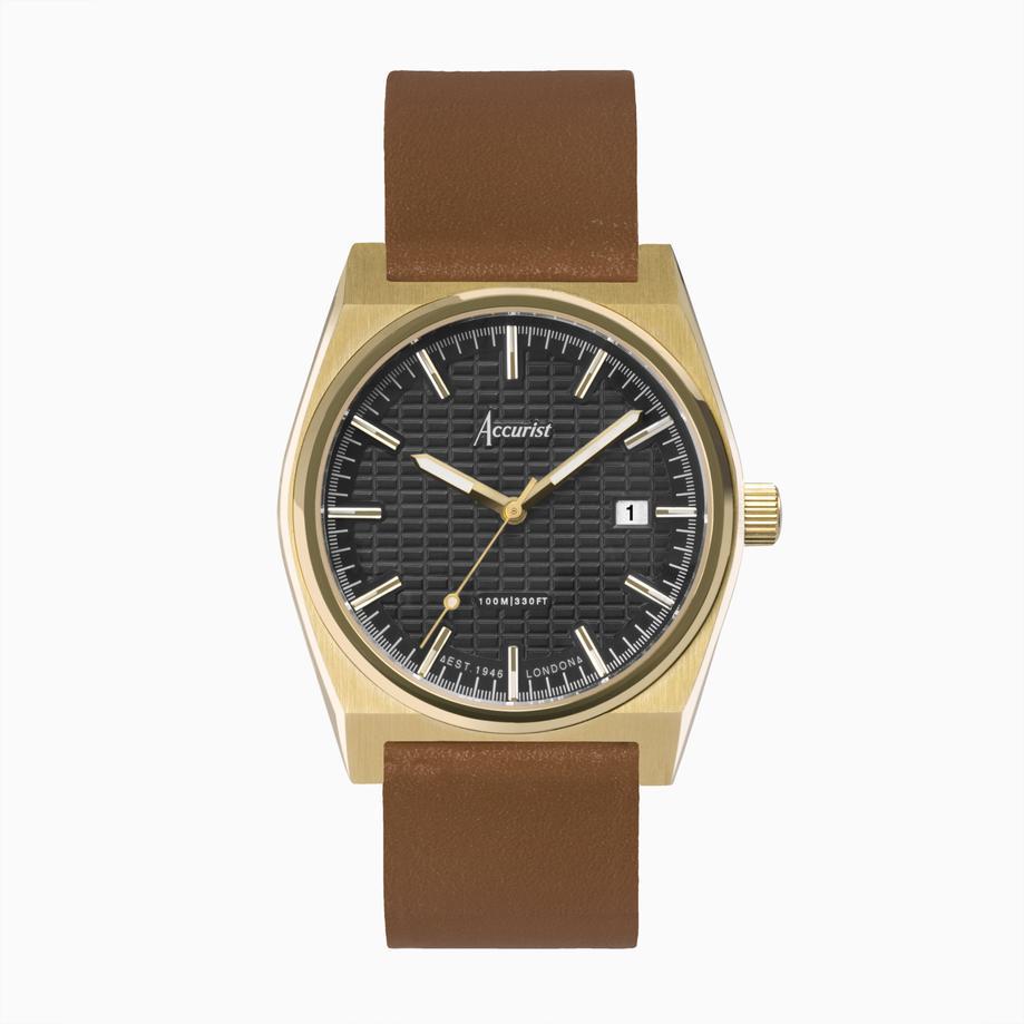 accurist Accurist Origin Men's Watch | Gold Case & Brown Leather Strap with Black Dial | 41mm