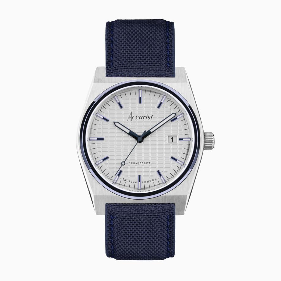 accurist Accurist Origin Men's Watch | Silver Case & Blue Canvas Strap with White Dial | 41mm