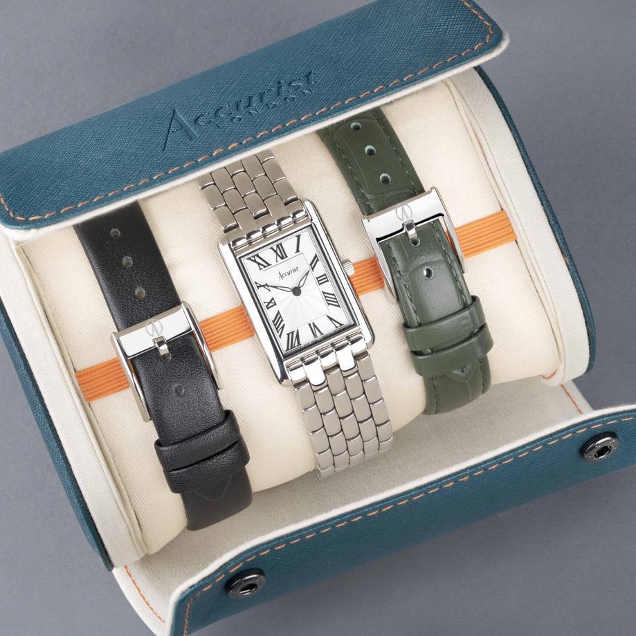 Accurist Accurist Rectangle Ladies Watch Gift Set 26mm | Black Leather Strap | Green Leather Strap
