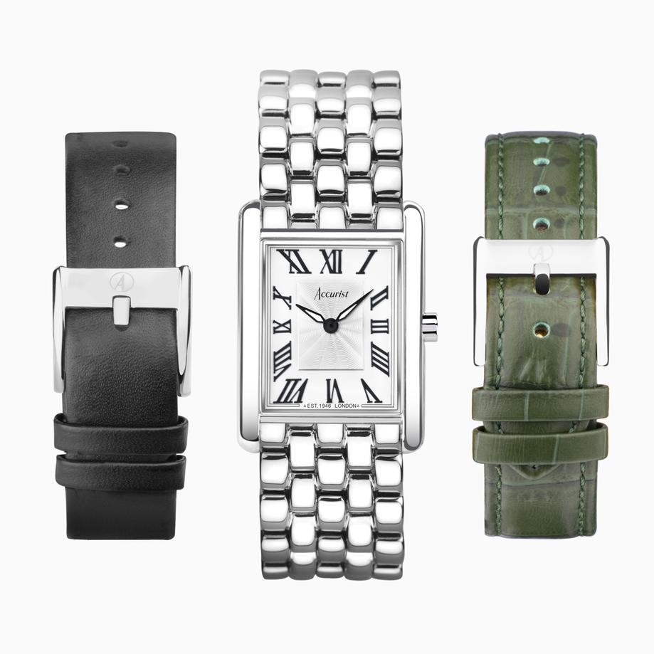 accurist Accurist Rectangle Ladies Watch Gift Set 26mm | Black Leather Strap | Green Leather Strap