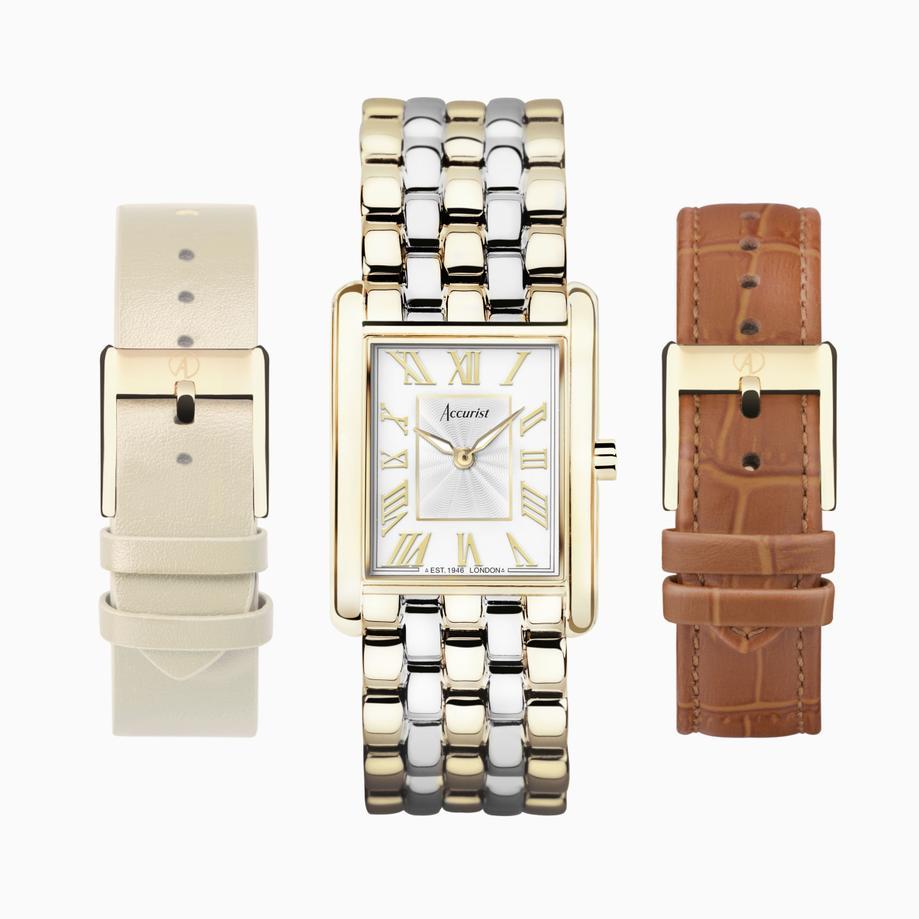 accurist Accurist Rectangle Ladies Watch Gift Set 26mm | Tan Leather Strap | Taupe Leather Strap