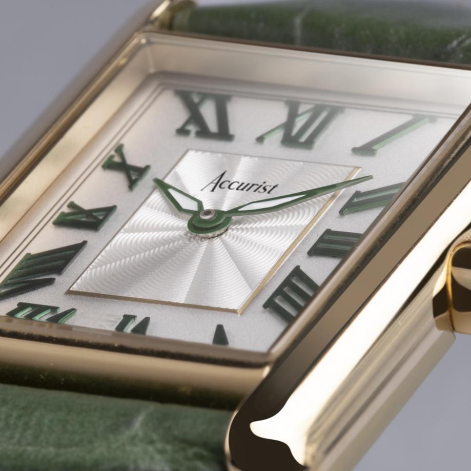 Accurist Accurist Rectangle Ladies Watch | Gold Case & Green Leather Strap With White Dial | 26mm