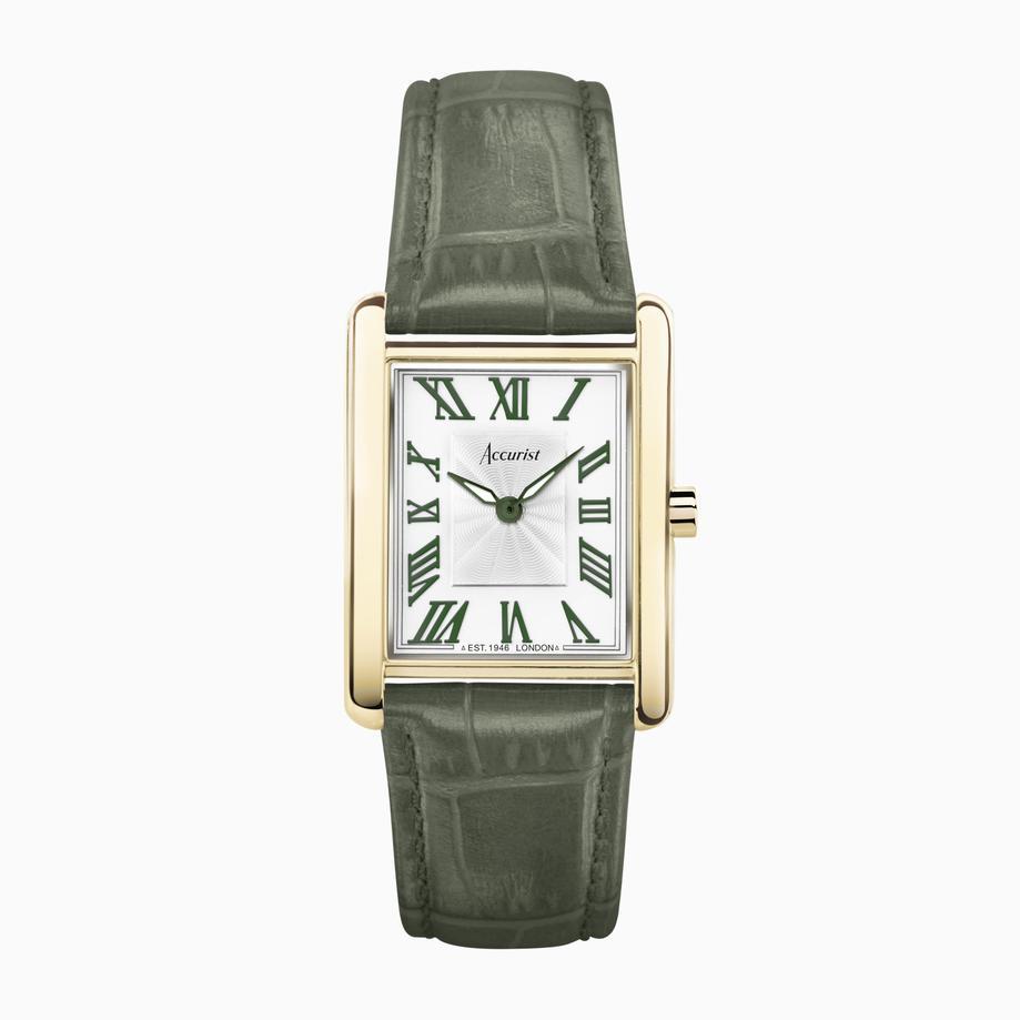 accurist Accurist Rectangle Ladies Watch | Gold Case & Green Leather Strap with White Dial | 26mm