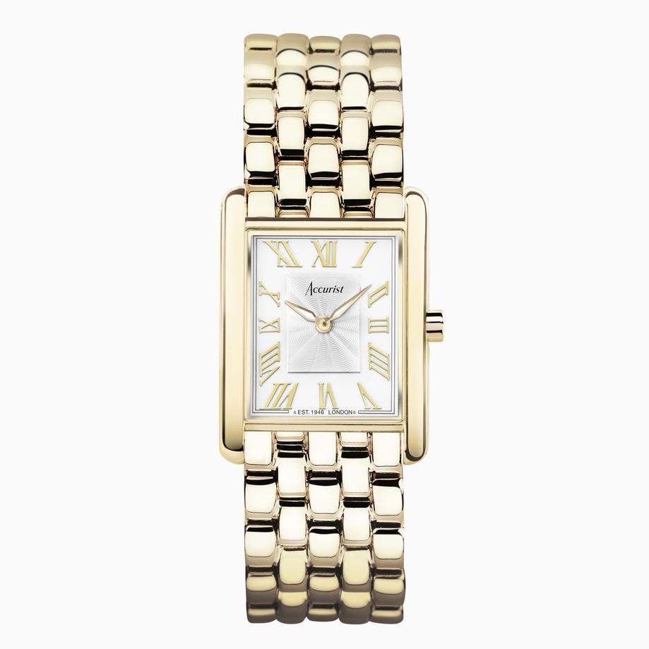 accurist Accurist Rectangle Ladies Watch | Gold Case & Stainless Steel Bracelet with White Dial | 26mm