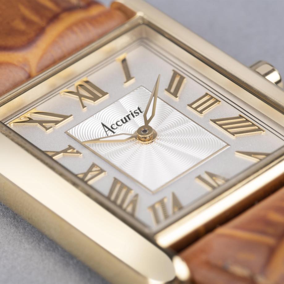 Accurist Accurist Rectangle Ladies Watch | Gold Case & Tan Leather Strap With White Dial | 26mm
