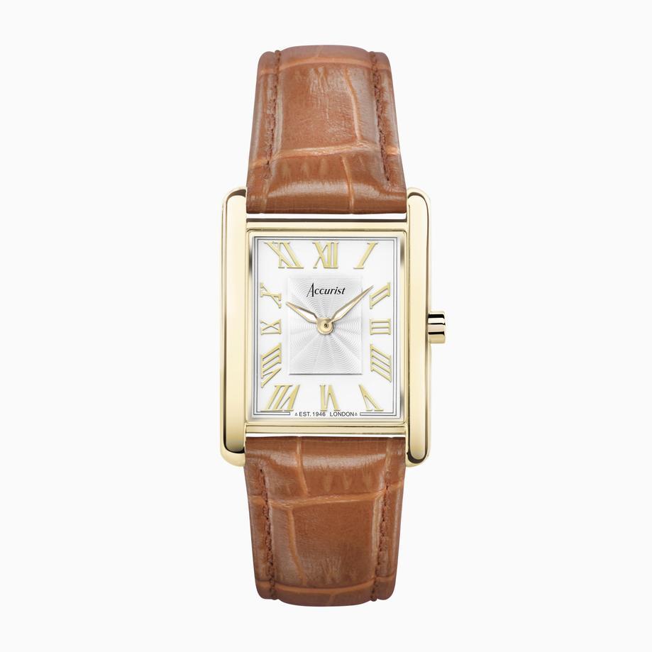accurist Accurist Rectangle Ladies Watch | Gold Case & Tan Leather Strap with White Dial | 26mm
