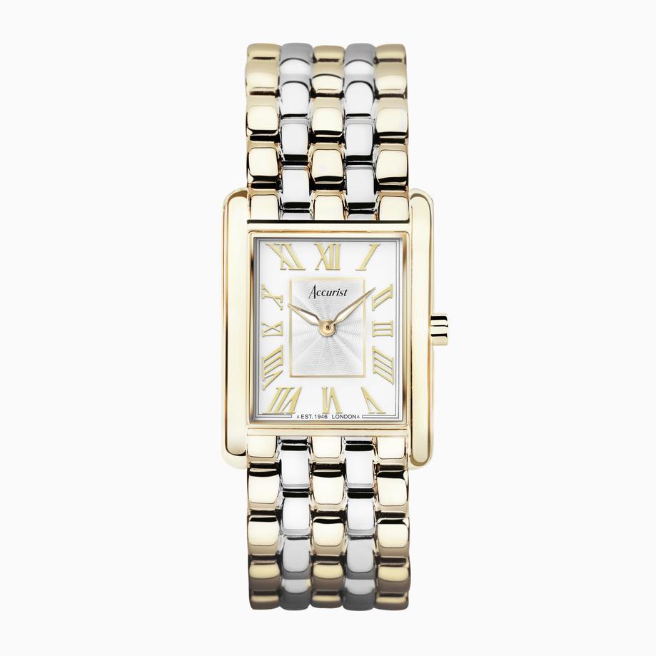 accurist Accurist Rectangle Ladies Watch | Gold Case & Two Tone Stainless Steel Bracelet with White Dial | 26mm