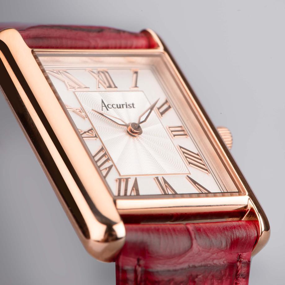 Accurist Accurist Rectangle Ladies Watch | Rose Gold Case & Burgundy Leather Strap With White Dial | 26mm