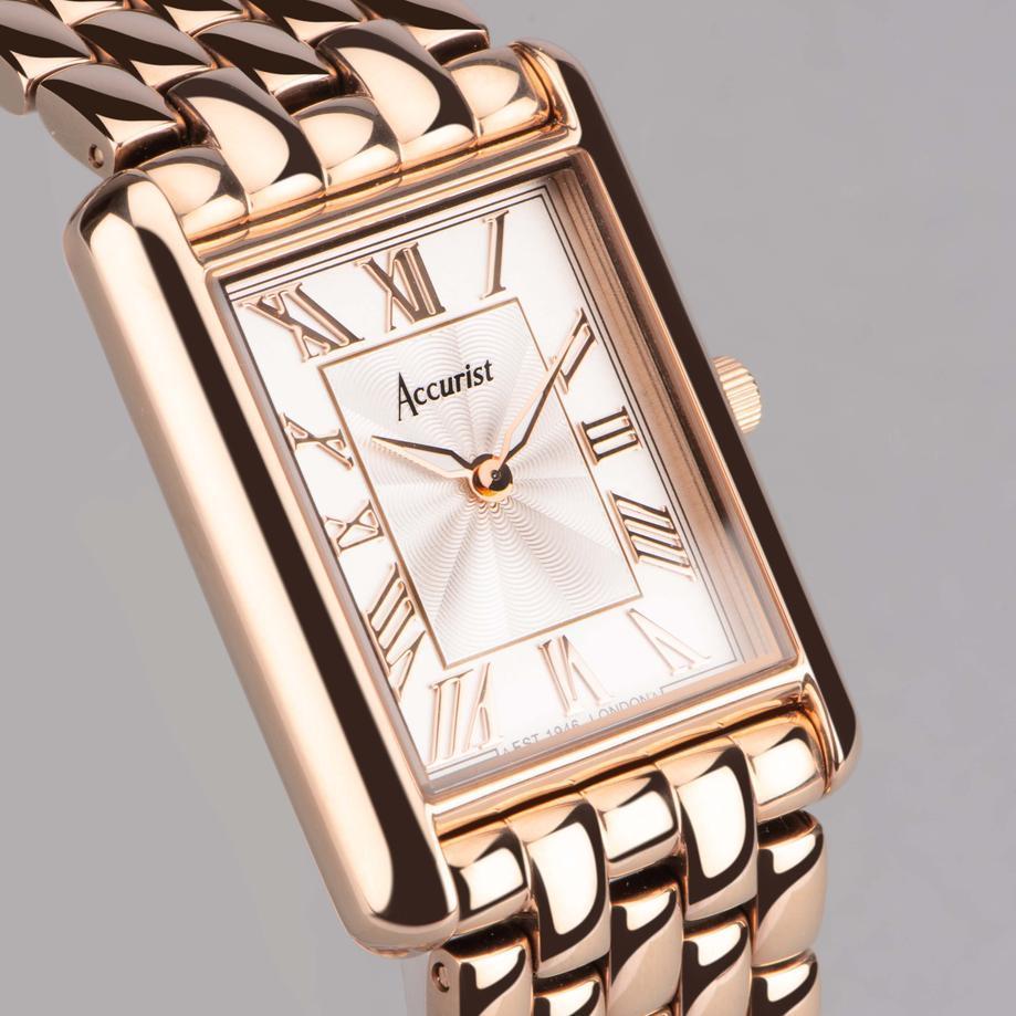 Accurist Accurist Rectangle Ladies Watch | Rose Gold Case & Stainless Steel Bracelet With White Dial | 26mm