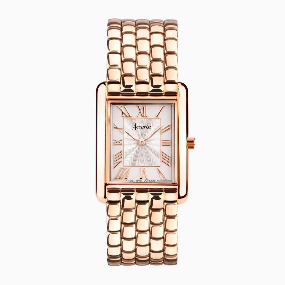 accurist Accurist Rectangle Ladies Watch | Rose Gold Case & Stainless Steel Bracelet with White Dial | 26mm