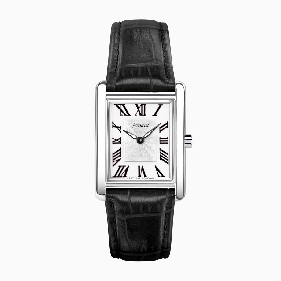 accurist Accurist Rectangle Ladies Watch | Silver Case & Black Leather Strap with White Dial | 26mm