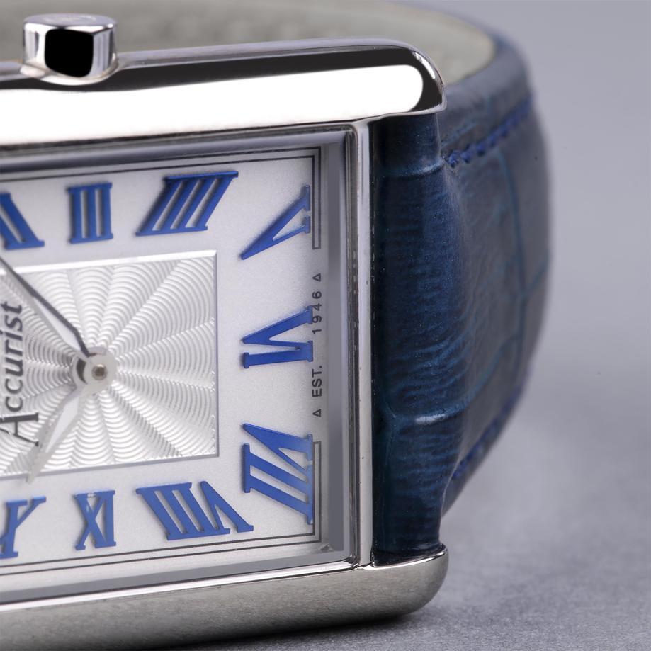 Accurist Accurist Rectangle Ladies Watch | Silver Case & Blue Leather Strap With White Dial | 26mm