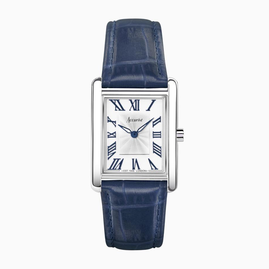 accurist Accurist Rectangle Ladies Watch | Silver Case & Blue Leather Strap with White Dial | 26mm