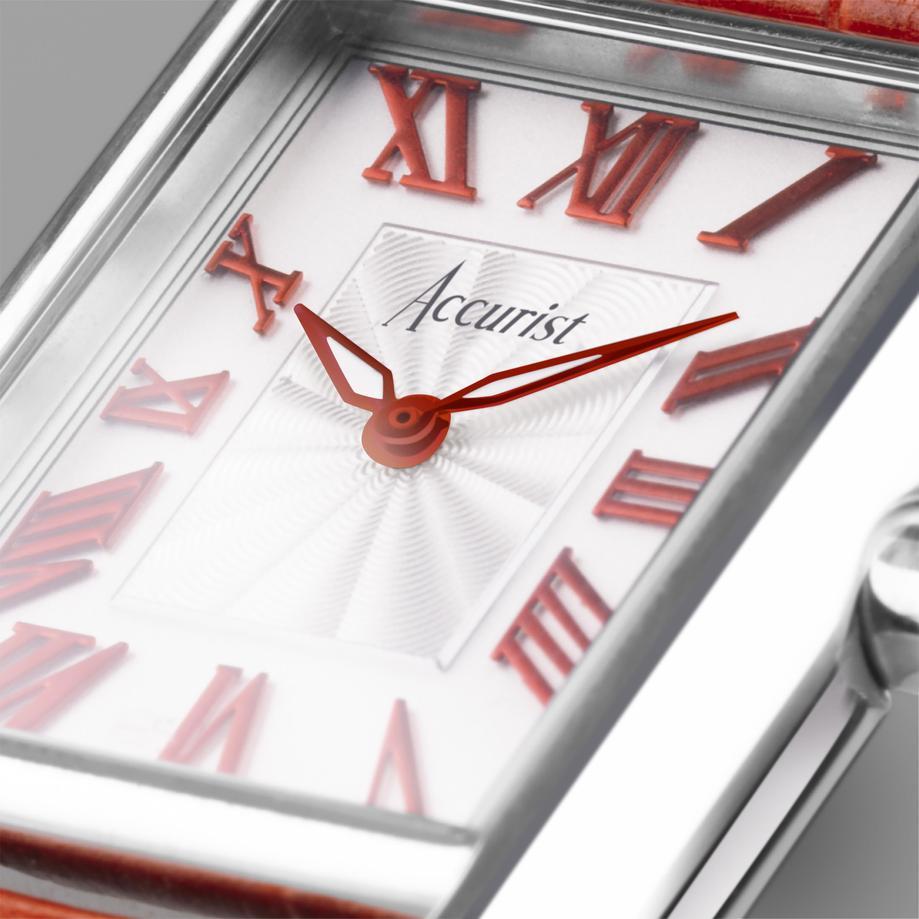 Accurist Accurist Rectangle Ladies Watch | Silver Case & Red Leather Strap With White Dial | 26mm