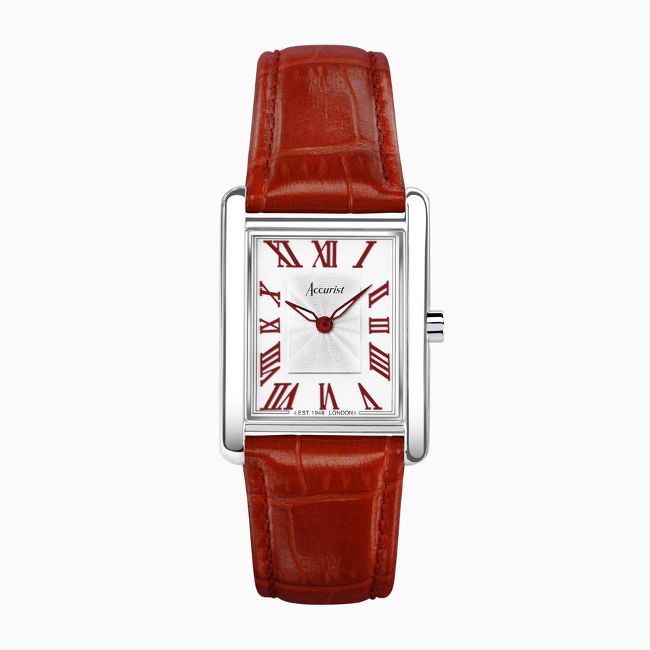 accurist Accurist Rectangle Ladies Watch | Silver Case & Red Leather Strap with White Dial | 26mm
