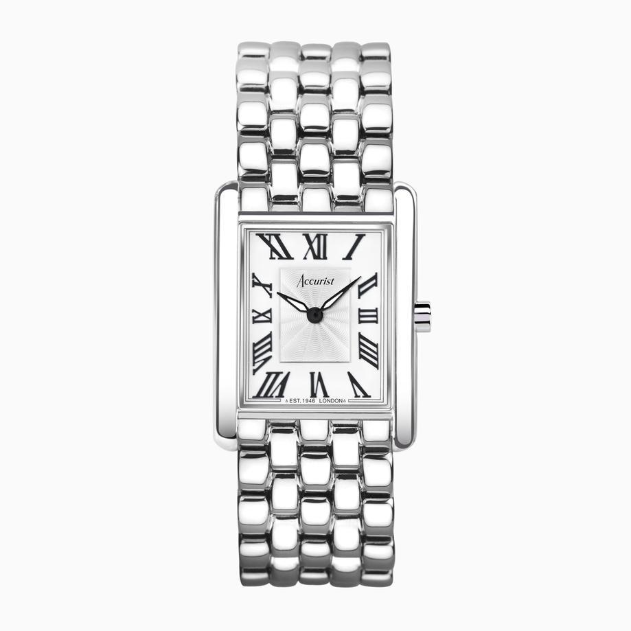 accurist Accurist Rectangle Ladies Watch | Silver Case & Stainless Steel Bracelet with White Dial | 26mm