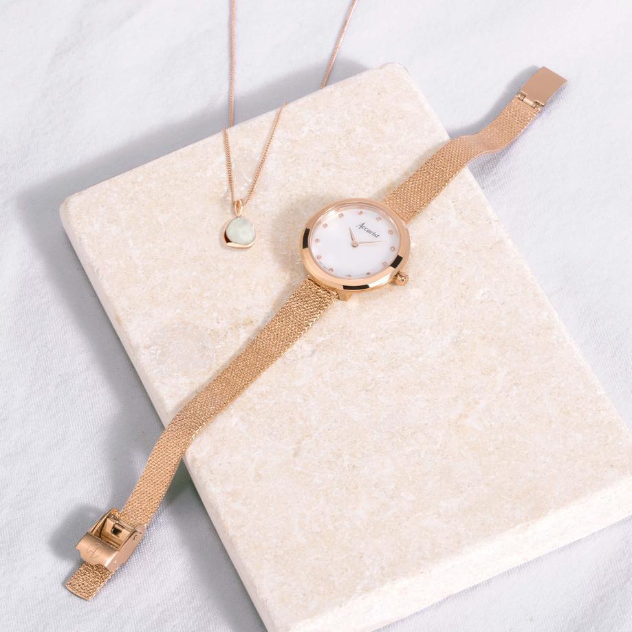 Accurist Accurist X Sarah Alexander Jewellery Ladies Watch Gift Set 28mm | Rose Gold Case & Stainless Steel Bracelet With Mother Of Pearl Dial | Echo Moonstone Necklace