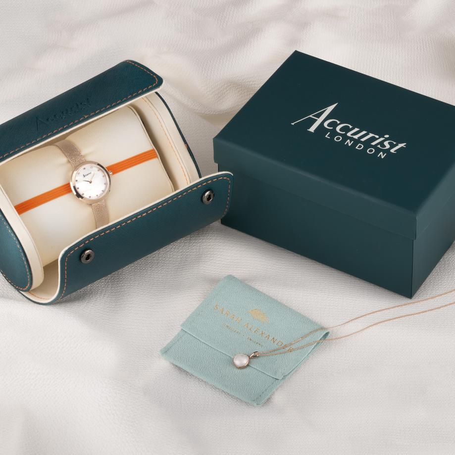 Accurist Accurist X Sarah Alexander Jewellery Ladies Watch Gift Set 28mm | Rose Gold Case & Stainless Steel Bracelet With Mother Of Pearl Dial | Echo Moonstone Necklace