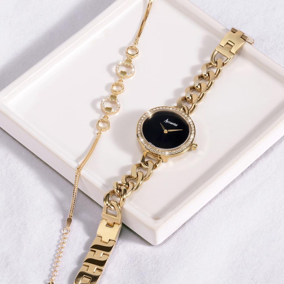 Accurist Accurist X Sarah Alexander Jewellery Ladies Watch Gift Set 28mm | Gold Case & Stainless Steel Bracelet With Black Onyx Dial | Arcadia Zirconia Bracelet