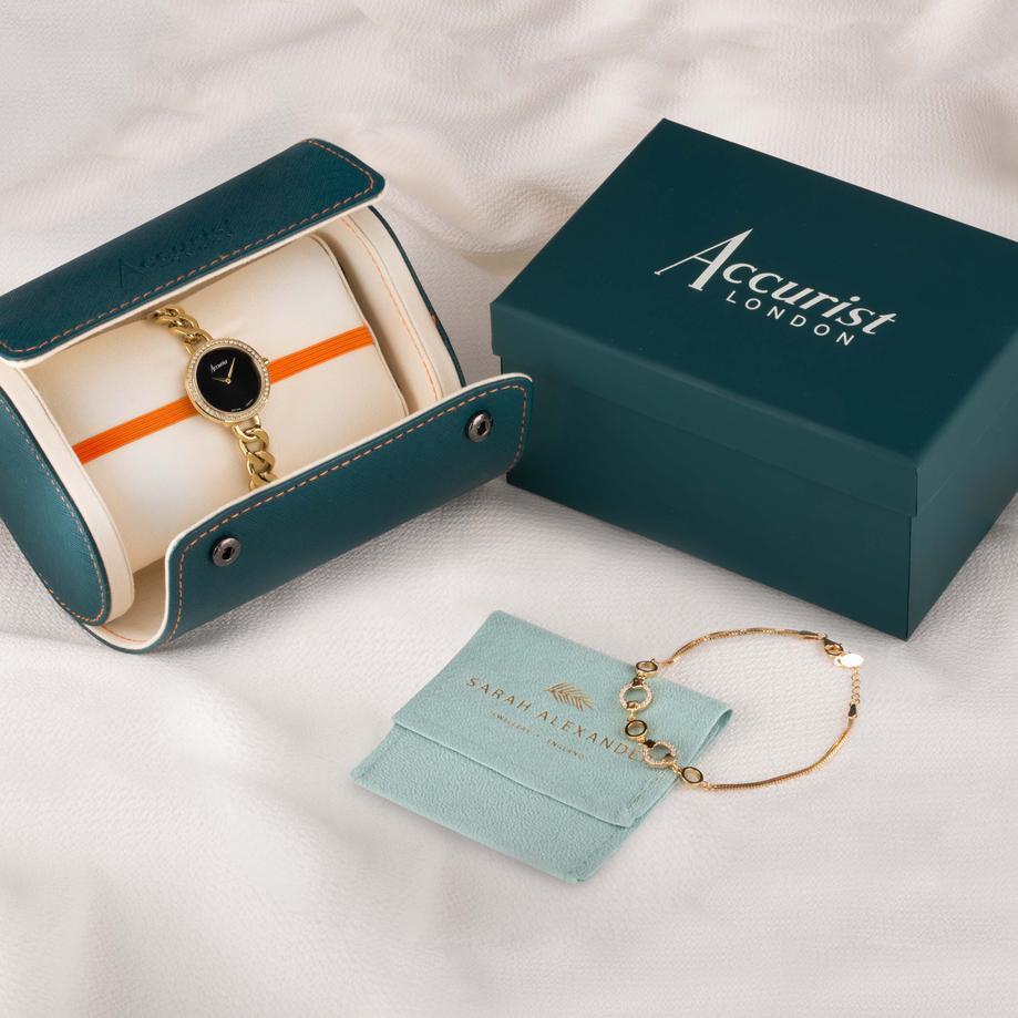 Accurist Accurist X Sarah Alexander Jewellery Ladies Watch Gift Set 28mm | Gold Case & Stainless Steel Bracelet With Black Onyx Dial | Arcadia Zirconia Bracelet