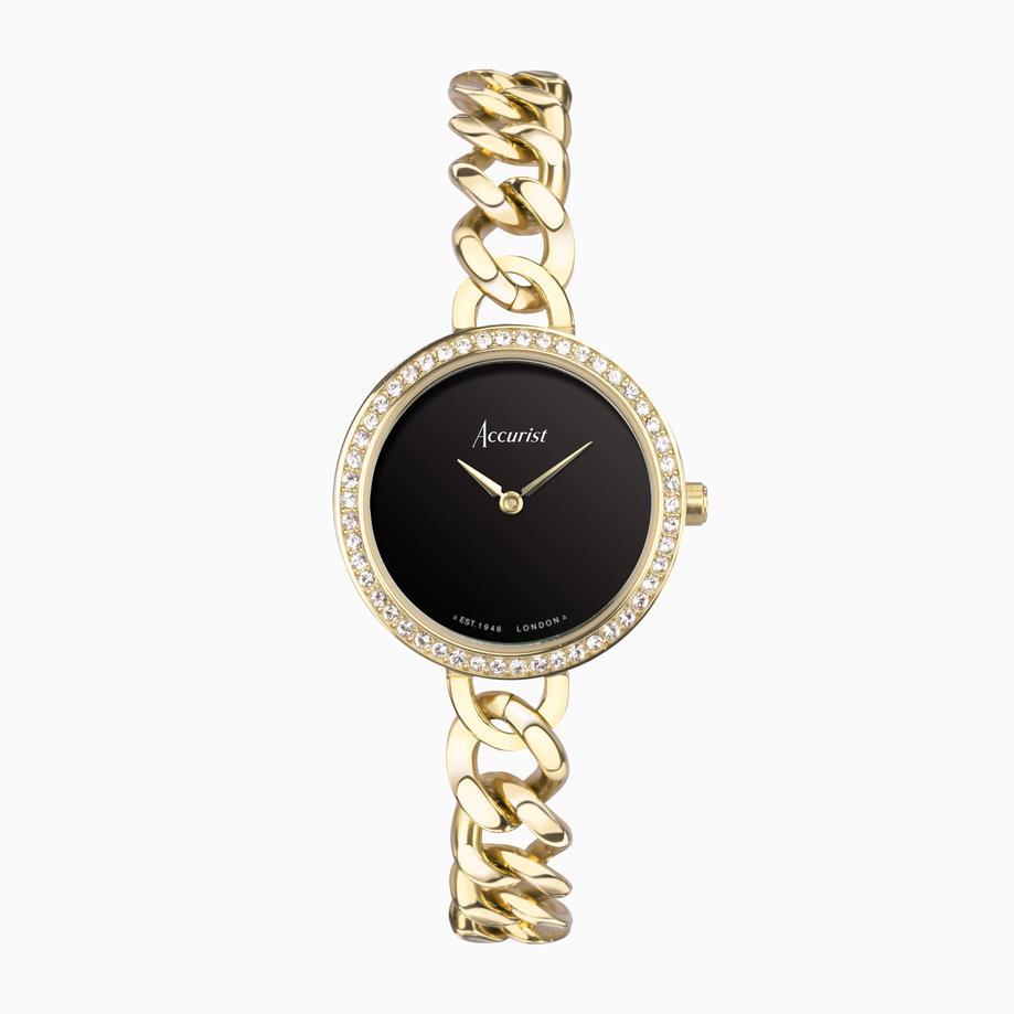 Accurist Accurist X Sarah Alexander Jewellery Ladies Watch Gift Set 28mm | Gold Case & Stainless Steel Bracelet With Black Onyx Dial | Arcadia Zirconia Bracelet