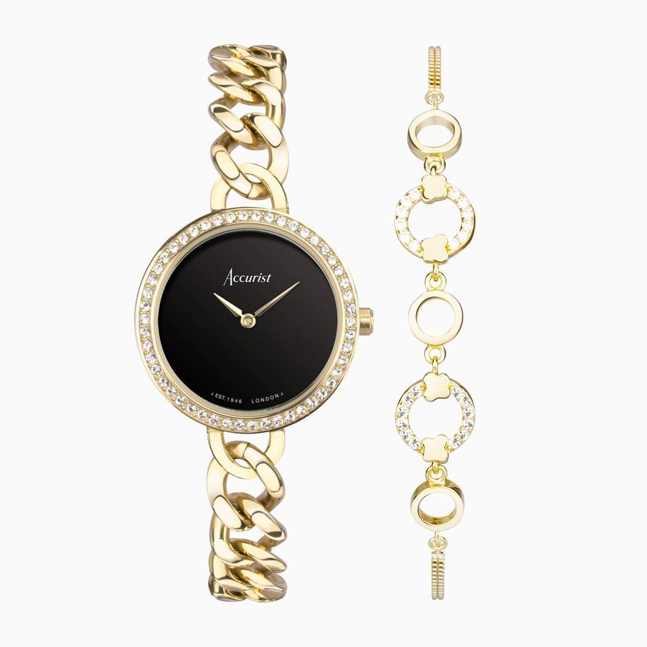 accurist Accurist X Sarah Alexander Jewellery Ladies Watch Gift Set 28mm | Gold Case & Stainless Steel Bracelet with Black Onyx Dial | Arcadia Zirconia Bracelet