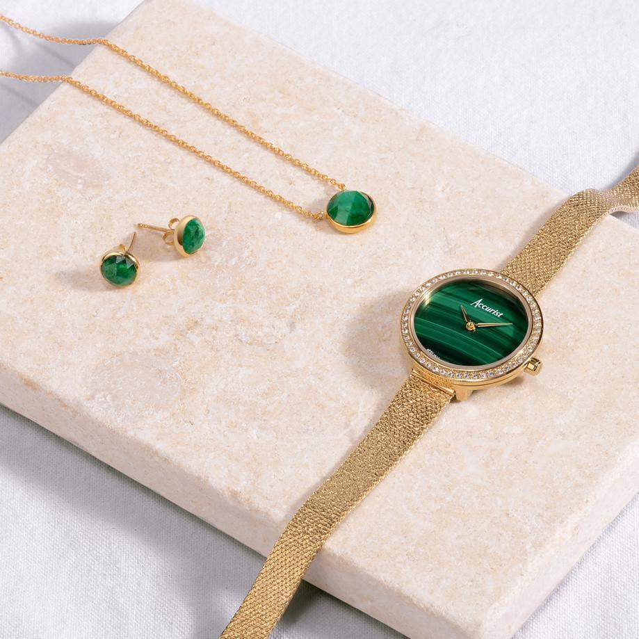 Accurist Accurist X Sarah Alexander Jewellery Ladies Watch Gift Set 28mm | Gold Case & Stainless Steel Bracelet With Green Malachite Dial | Muse Green Kyanite Necklace & Earrings