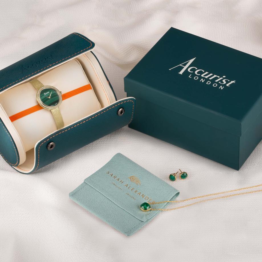 Accurist Accurist X Sarah Alexander Jewellery Ladies Watch Gift Set 28mm | Gold Case & Stainless Steel Bracelet With Green Malachite Dial | Muse Green Kyanite Necklace & Earrings