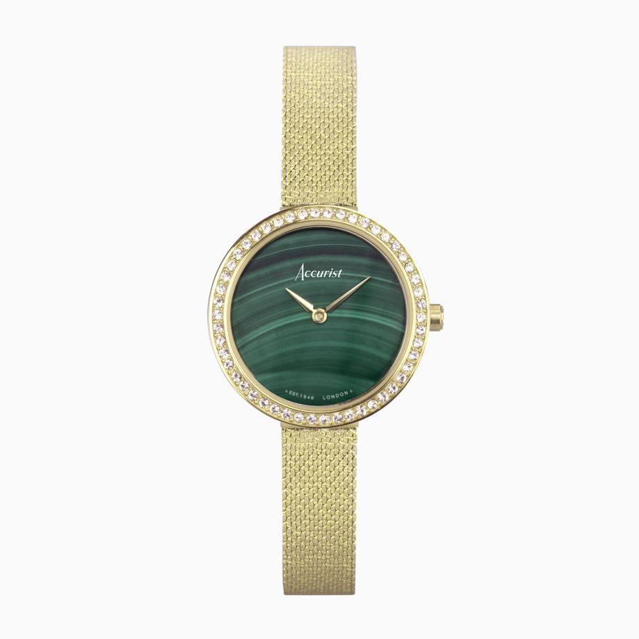 Accurist Accurist X Sarah Alexander Jewellery Ladies Watch Gift Set 28mm | Gold Case & Stainless Steel Bracelet With Green Malachite Dial | Muse Green Kyanite Necklace & Earrings