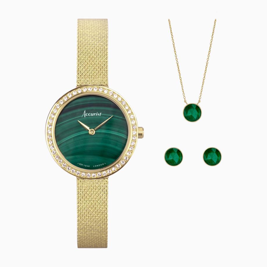 accurist Accurist X Sarah Alexander Jewellery Ladies Watch Gift Set 28mm | Gold Case & Stainless Steel Bracelet with Green Malachite Dial | Muse Green Kyanite Necklace & Earrings