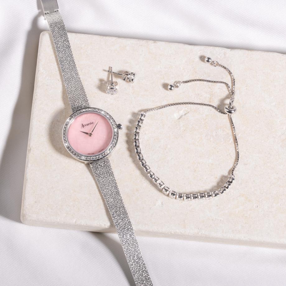 Accurist Accurist X Sarah Alexander Jewellery Ladies Watch Gift Set 28mm | Silver Case & Stainless Steel Bracelet With Rose Quartz Dial | Instinct Zirconia Tennis Bracelet & Earrings