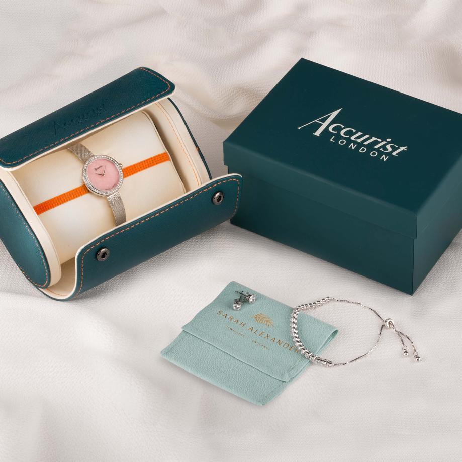 Accurist Accurist X Sarah Alexander Jewellery Ladies Watch Gift Set 28mm | Silver Case & Stainless Steel Bracelet With Rose Quartz Dial | Instinct Zirconia Tennis Bracelet & Earrings