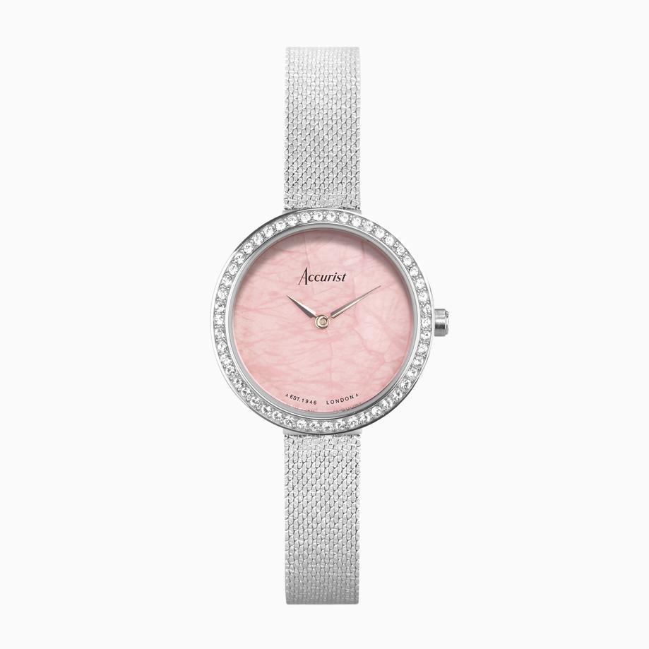 Accurist Accurist X Sarah Alexander Jewellery Ladies Watch Gift Set 28mm | Silver Case & Stainless Steel Bracelet With Rose Quartz Dial | Instinct Zirconia Tennis Bracelet & Earrings