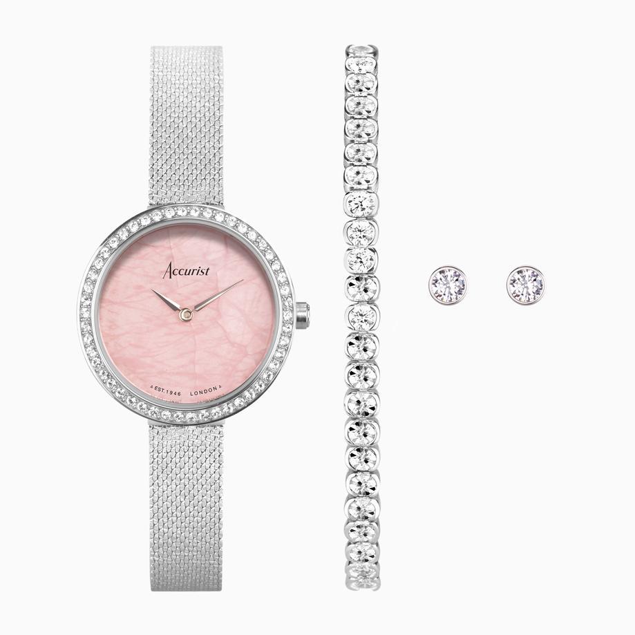 accurist Accurist X Sarah Alexander Jewellery Ladies Watch Gift Set 28mm | Silver Case & Stainless Steel Bracelet with Rose Quartz Dial | Instinct Zirconia Tennis Bracelet & Earrings