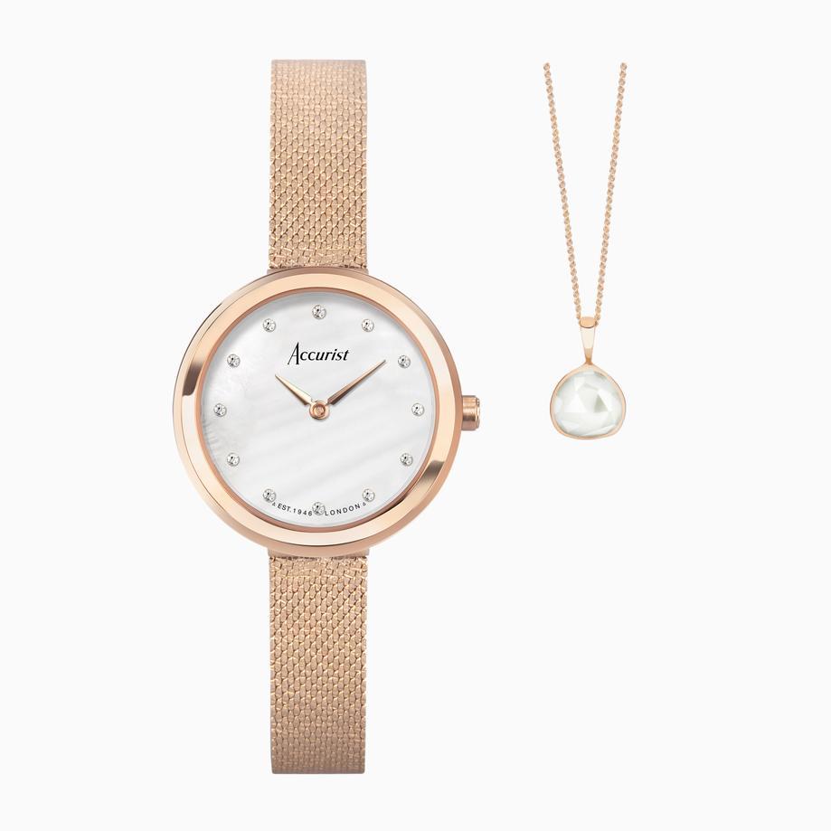 accurist Accurist X Sarah Alexander Jewellery Ladies Watch Gift Set 28mm | Rose Gold Case & Stainless Steel Bracelet with Mother of Pearl Dial | Echo Moonstone Necklace