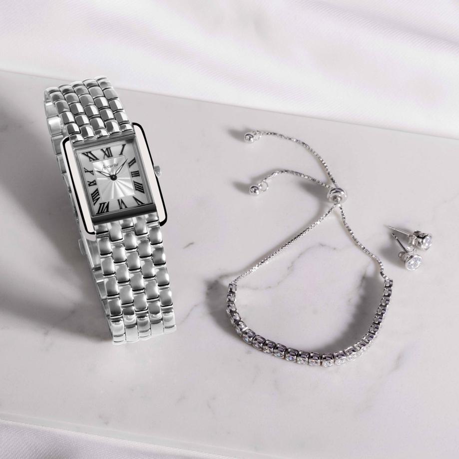 Accurist Accurist X Sarah Alexander Rectangle Ladies Watch Gift Set 26mm | Silver Stainless Steel Case & Bracelet With White Dial | Instinct Zirconia Tennis Bracelet & Earrings