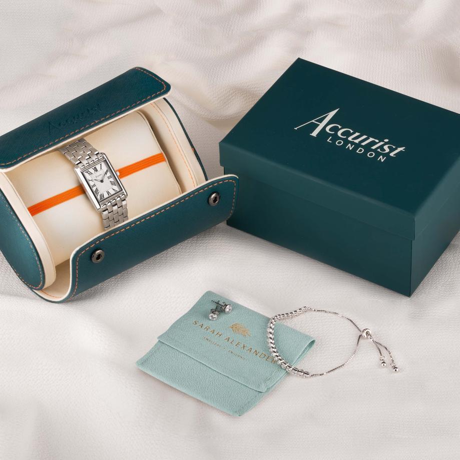Accurist Accurist X Sarah Alexander Rectangle Ladies Watch Gift Set 26mm | Silver Stainless Steel Case & Bracelet With White Dial | Instinct Zirconia Tennis Bracelet & Earrings