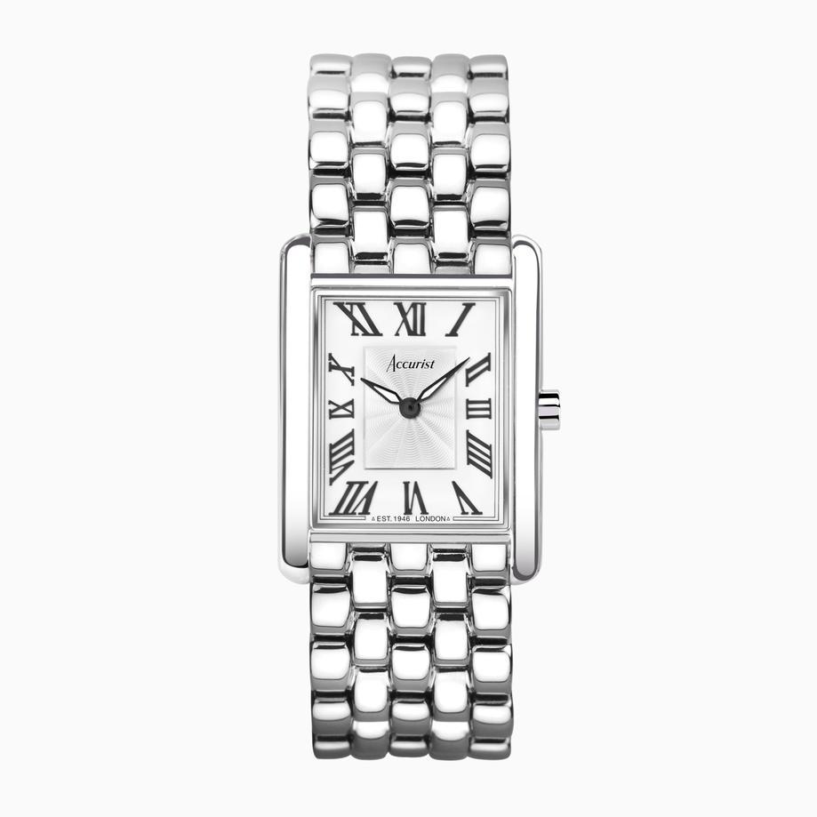 Accurist Accurist X Sarah Alexander Rectangle Ladies Watch Gift Set 26mm | Silver Stainless Steel Case & Bracelet With White Dial | Instinct Zirconia Tennis Bracelet & Earrings