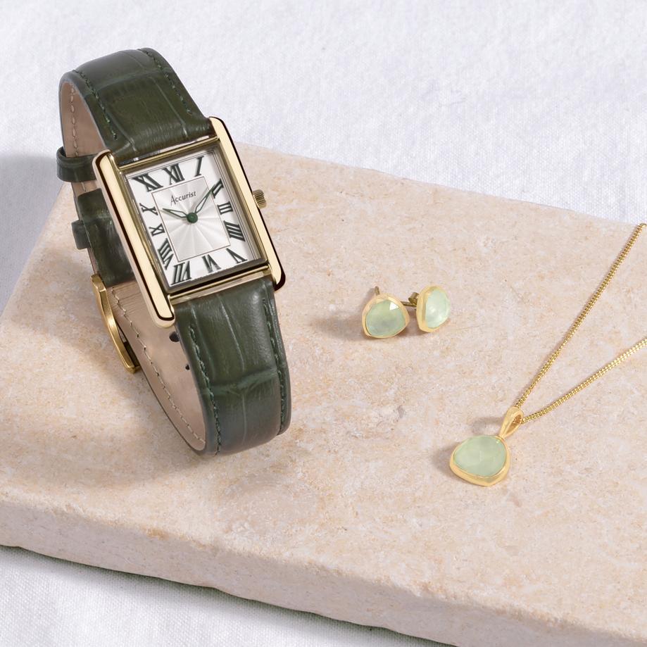 Accurist Accurist X Sarah Alexander Rectangle Ladies Watch Gift Set 26mm | Gold Stainless Steel Case & Green Leather Strap With White Dial | Lemongrass Prehnite Pendant Necklace & Earrings