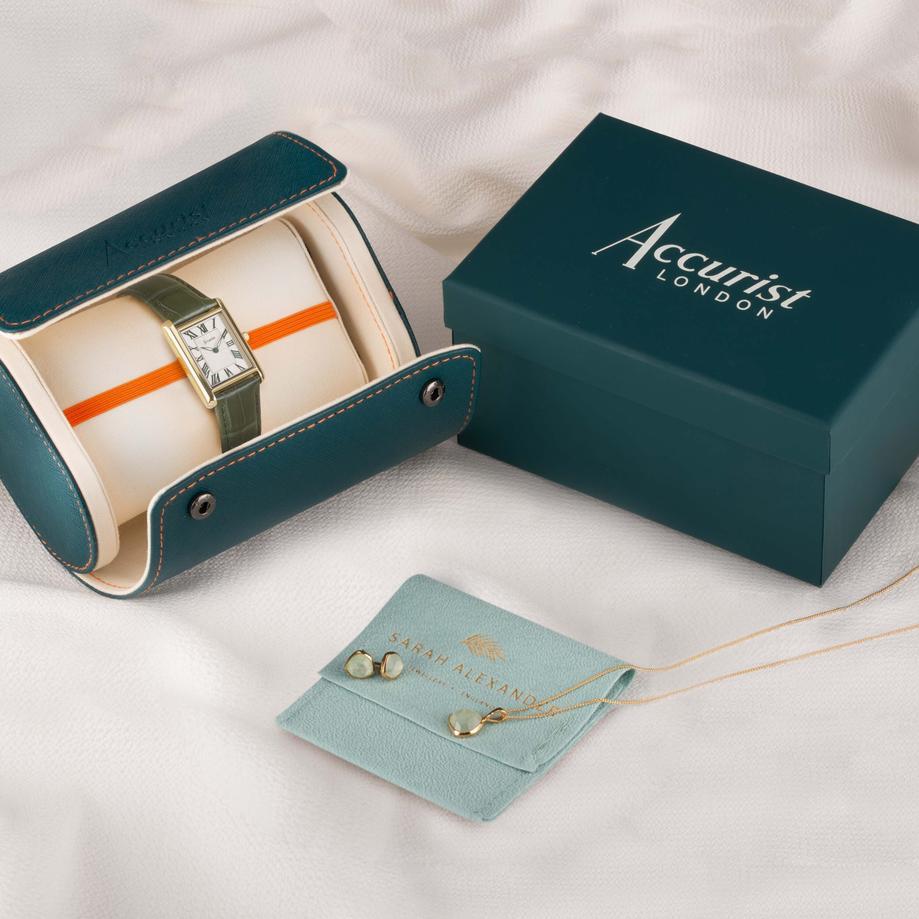 Accurist Accurist X Sarah Alexander Rectangle Ladies Watch Gift Set 26mm | Gold Stainless Steel Case & Green Leather Strap With White Dial | Lemongrass Prehnite Pendant Necklace & Earrings