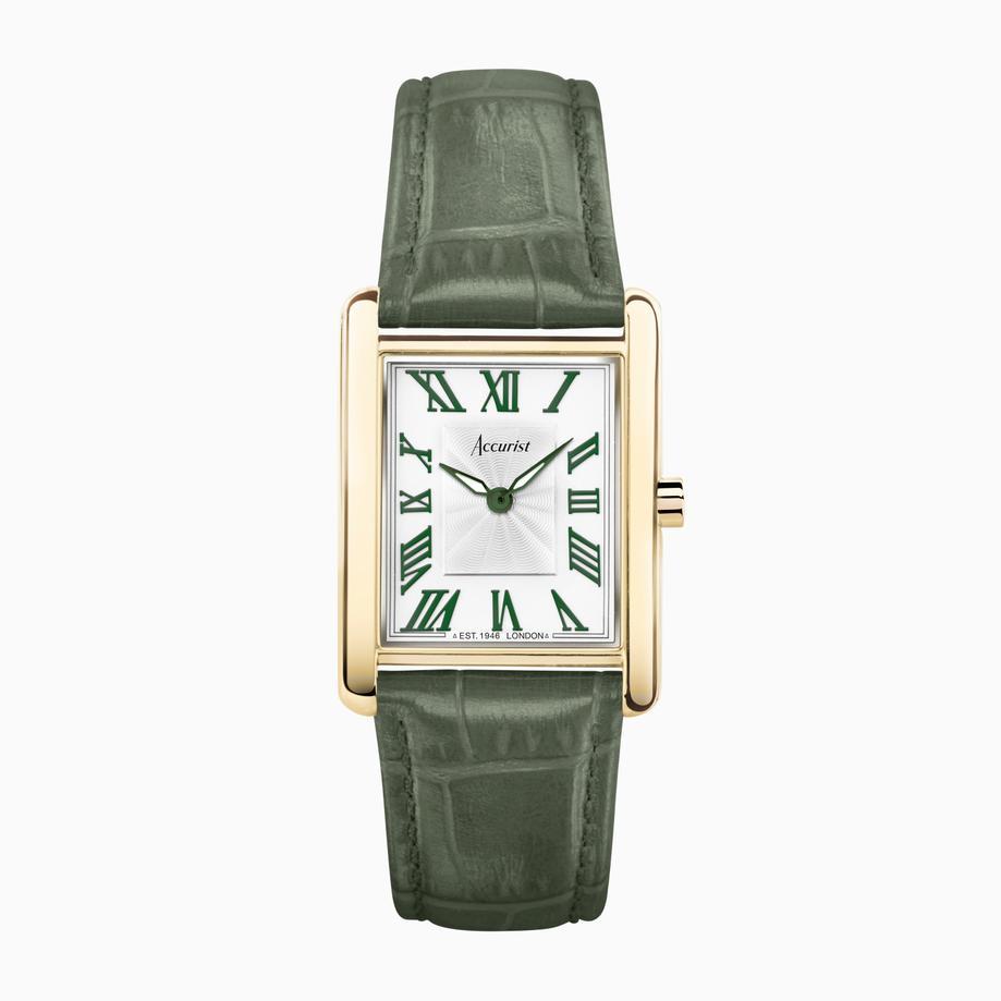 Accurist Accurist X Sarah Alexander Rectangle Ladies Watch Gift Set 26mm | Gold Stainless Steel Case & Green Leather Strap With White Dial | Lemongrass Prehnite Pendant Necklace & Earrings