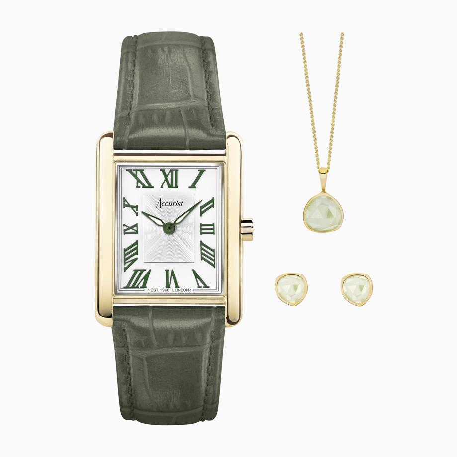 accurist Accurist X Sarah Alexander Rectangle Ladies Watch Gift Set 26mm | Gold Stainless Steel Case & Green Leather Strap with White Dial | Lemongrass Prehnite Pendant Necklace & Earrings
