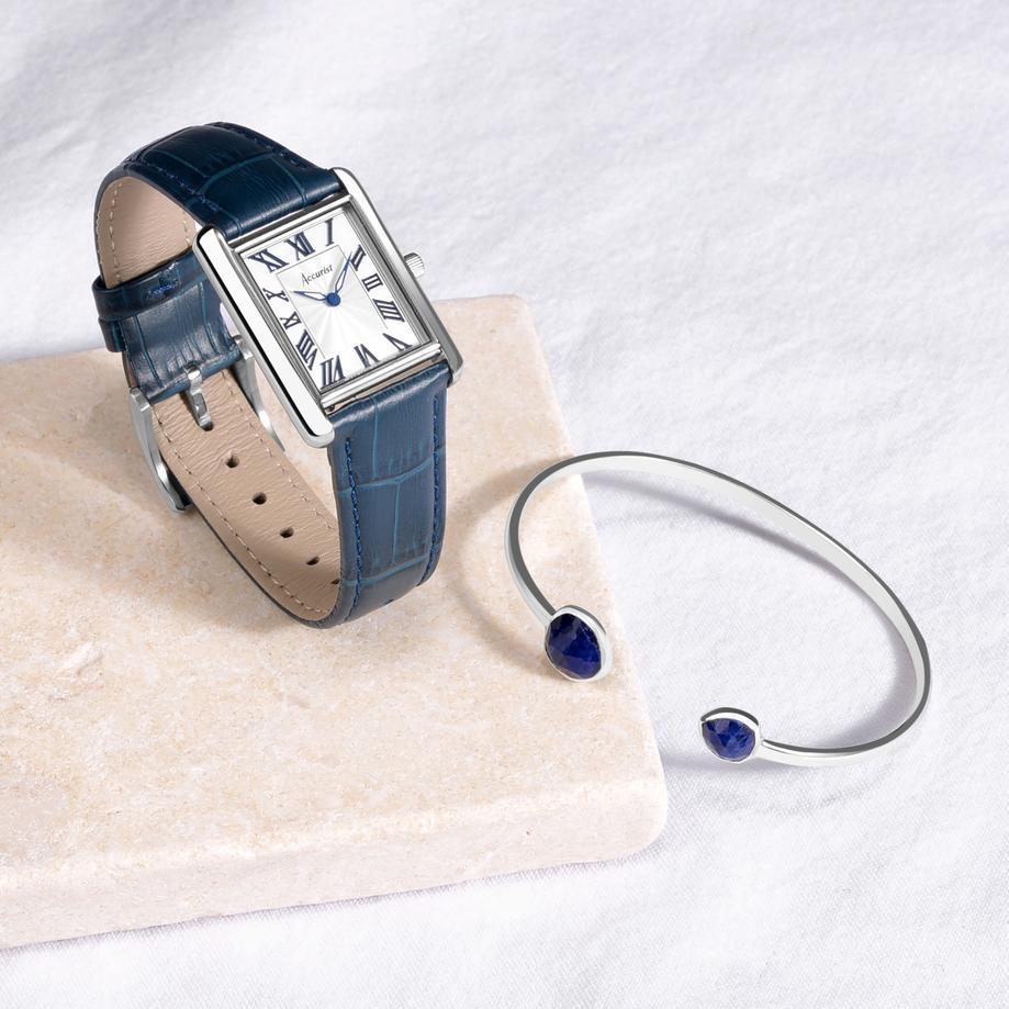Accurist Accurist X Sarah Alexander Rectangle Ladies Watch Gift Set 26mm | Silver Stainless Steel Case & Blue Leather Strap With White Dial | Blue Kyanite Bangle