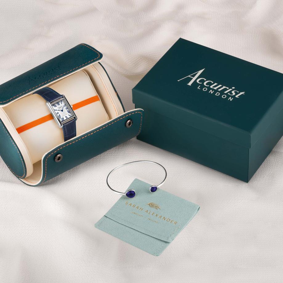 Accurist Accurist X Sarah Alexander Rectangle Ladies Watch Gift Set 26mm | Silver Stainless Steel Case & Blue Leather Strap With White Dial | Blue Kyanite Bangle