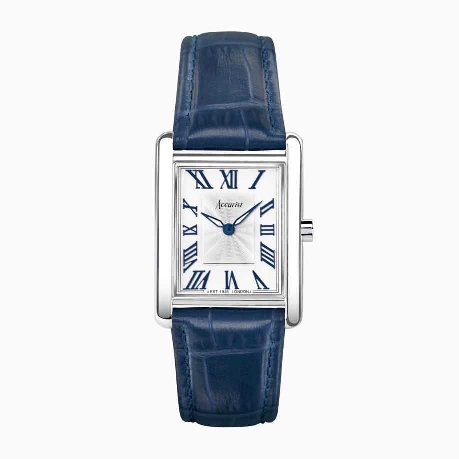 Accurist Accurist X Sarah Alexander Rectangle Ladies Watch Gift Set 26mm | Silver Stainless Steel Case & Blue Leather Strap With White Dial | Blue Kyanite Bangle